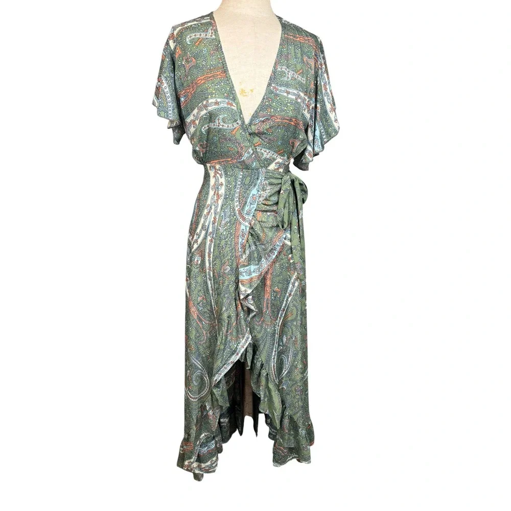 Perry Walker Silk Blend Paisley Print Wrap Maxi Ruffle Dress M Boho Coastal